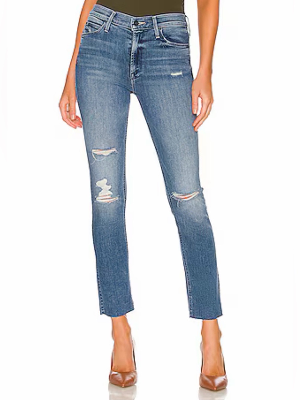 MOTHER The Mid Rise Dazzler Ankle Fray Jeans 29 Weekend Warrior Distressed Blue